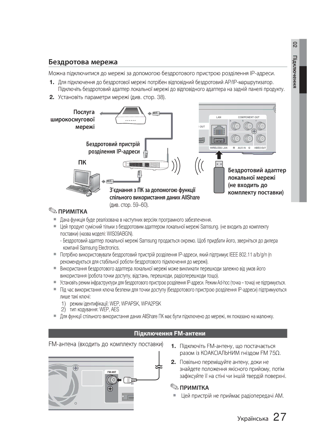 Samsung HT-C5500/XER Послуга, Мережі, Бездротовий пристрій Розділення IP-адреси, Див. стор −60, Підключення FM-антени 