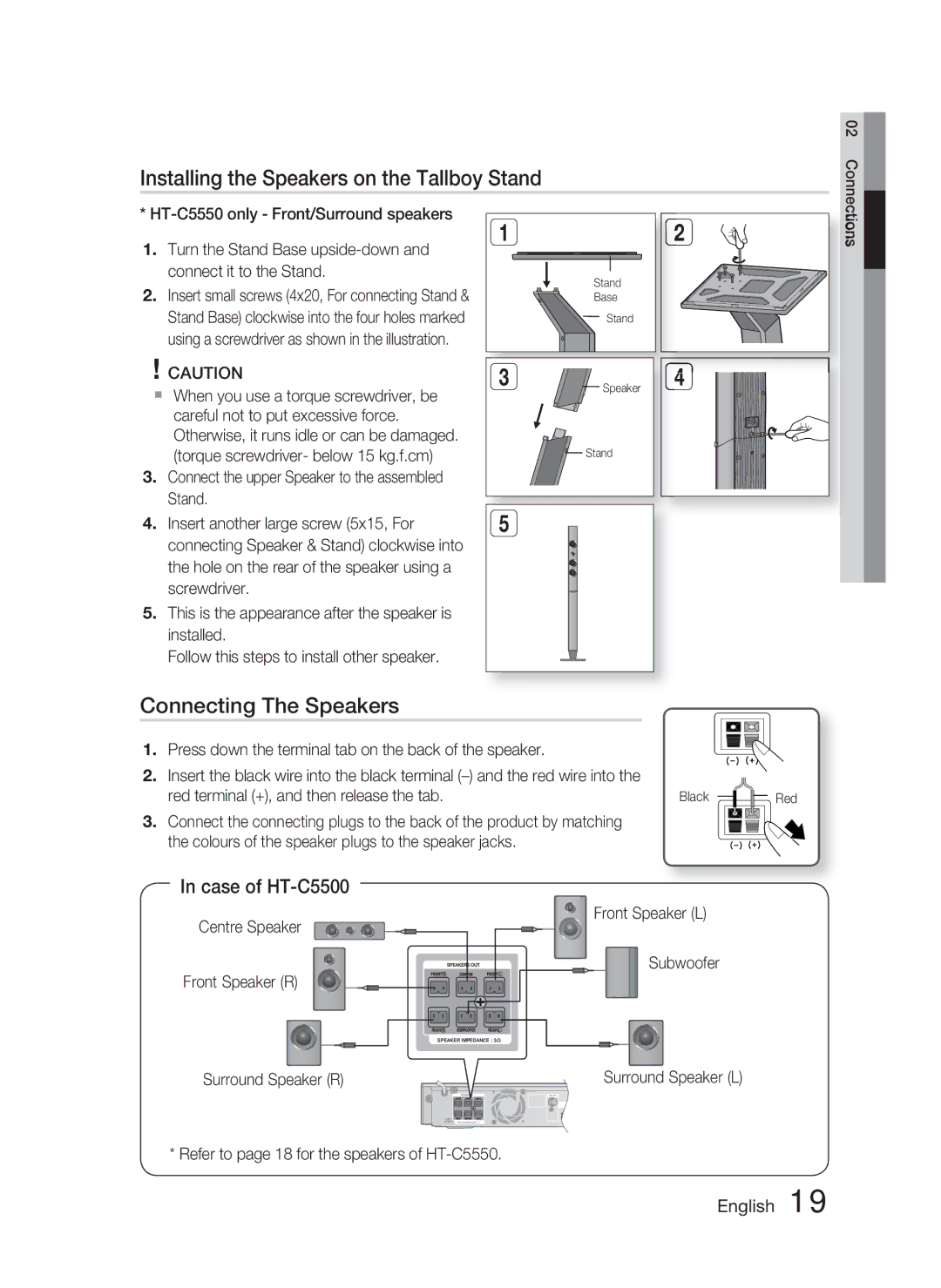 Samsung HT-C5550P/XER manual Installing the Speakers on the Tallboy Stand, Connecting The Speakers, Case of HT-C5500 