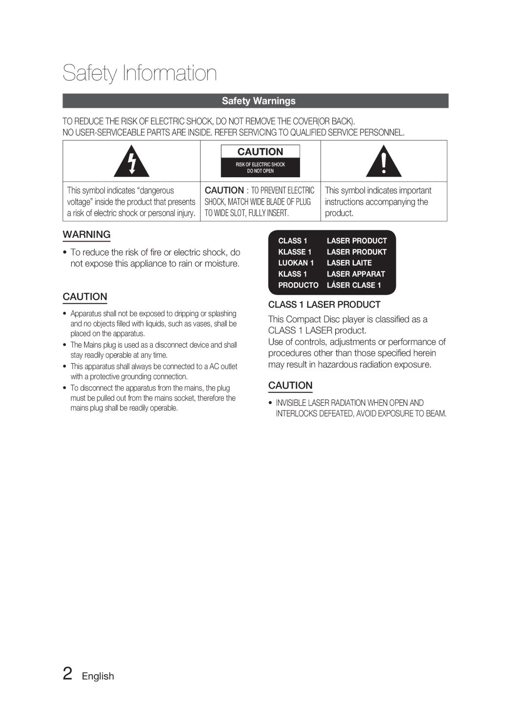 Samsung HT-C5500/XER, HT-C5550/XER, HT-C5550P/XER manual Safety Information, Safety Warnings, English, Class 1 Laser Product 