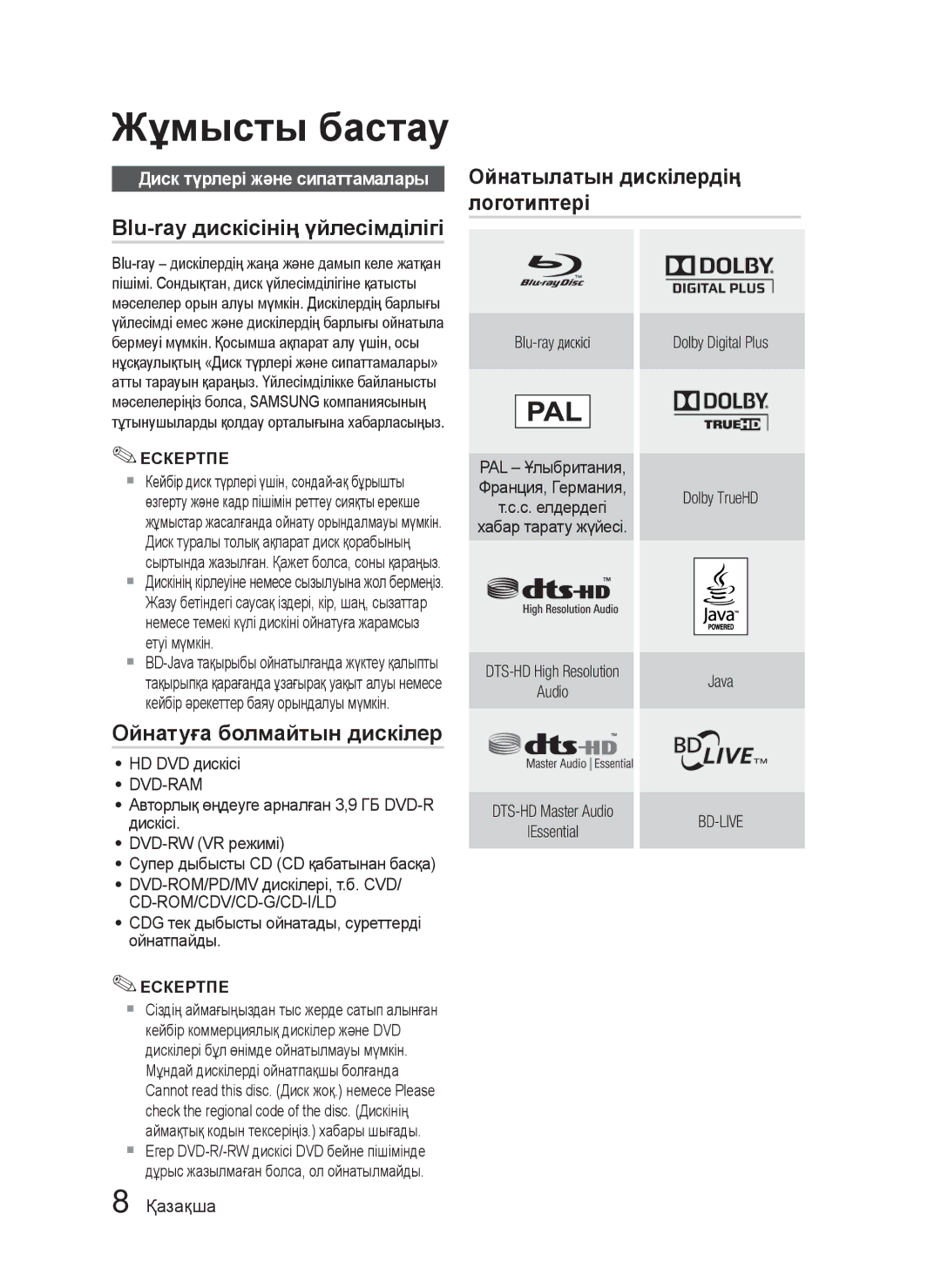 Samsung HT-C5500/XER, HT-C5550/XER, HT-C5550P/XER manual Ойнатуға болмайтын дискілер, Диск түрлері жəне сипаттамалары 