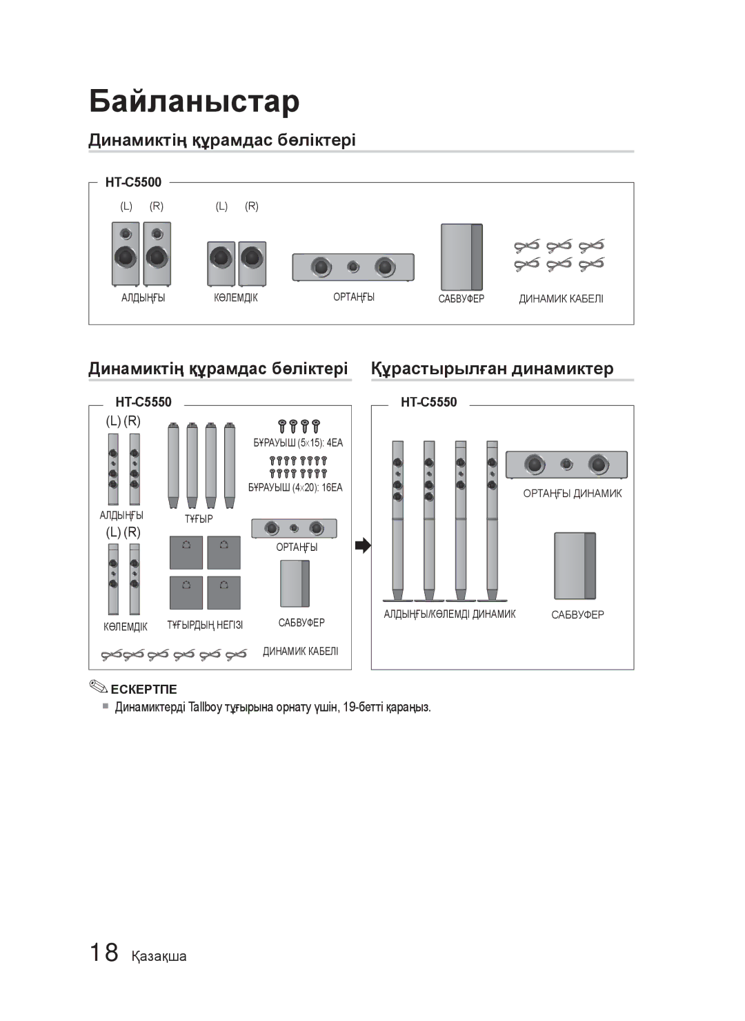 Samsung HT-C5550/XER, HT-C5550P/XER manual Динамиктің құрамдас бөліктері Құрастырылған динамиктер, 18 Қазақша, HT-C5500 