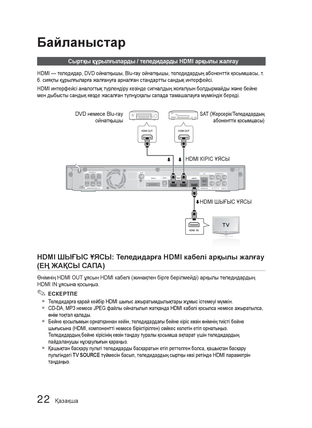 Samsung HT-C5550P/XER, HT-C5550/XER Hdmi Шығыс Ұясы Теледидарға Hdmi кабелі арқылы жалғау, 22 Қазақша, Hdmi Кіріс Ұясы 