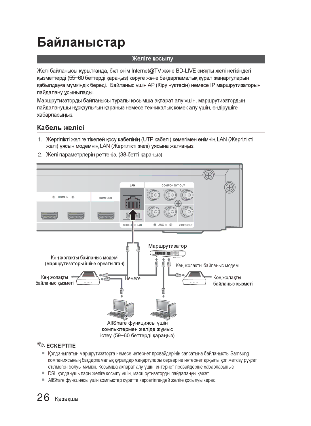 Samsung HT-C5500/XER, HT-C5550/XER Желіге қосылу, 26 Қазақша, Маршрутизатор, Немесе Кең жолақты, AllShare функциясы үшін 