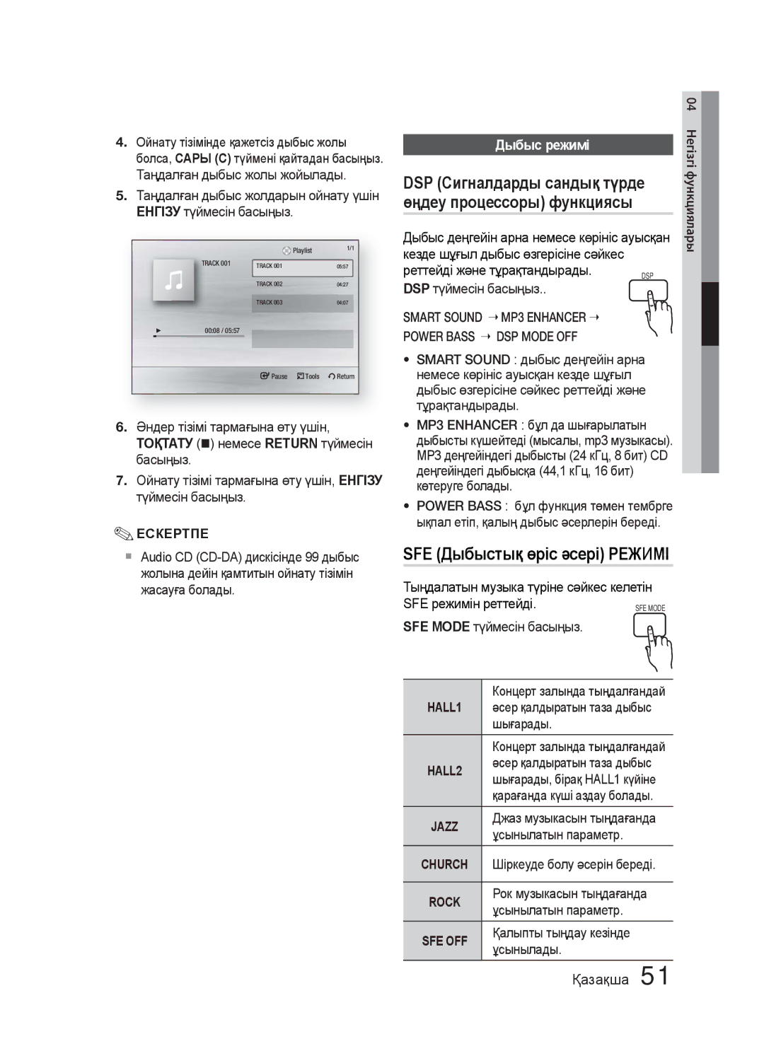 Samsung HT-C5550/XER, HT-C5550P/XER, HT-C5500/XER manual DSP Сигналдарды сандық түрде өңдеу процессоры функциясы 