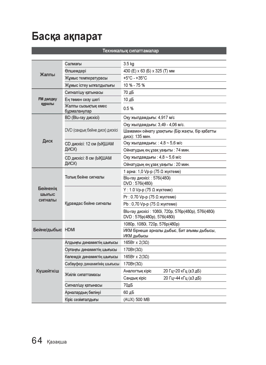 Samsung HT-C5550P/XER, HT-C5550/XER, HT-C5500/XER manual Техникалық сипаттамалар, 64 Қазақша, Диск, Күшейткіш 