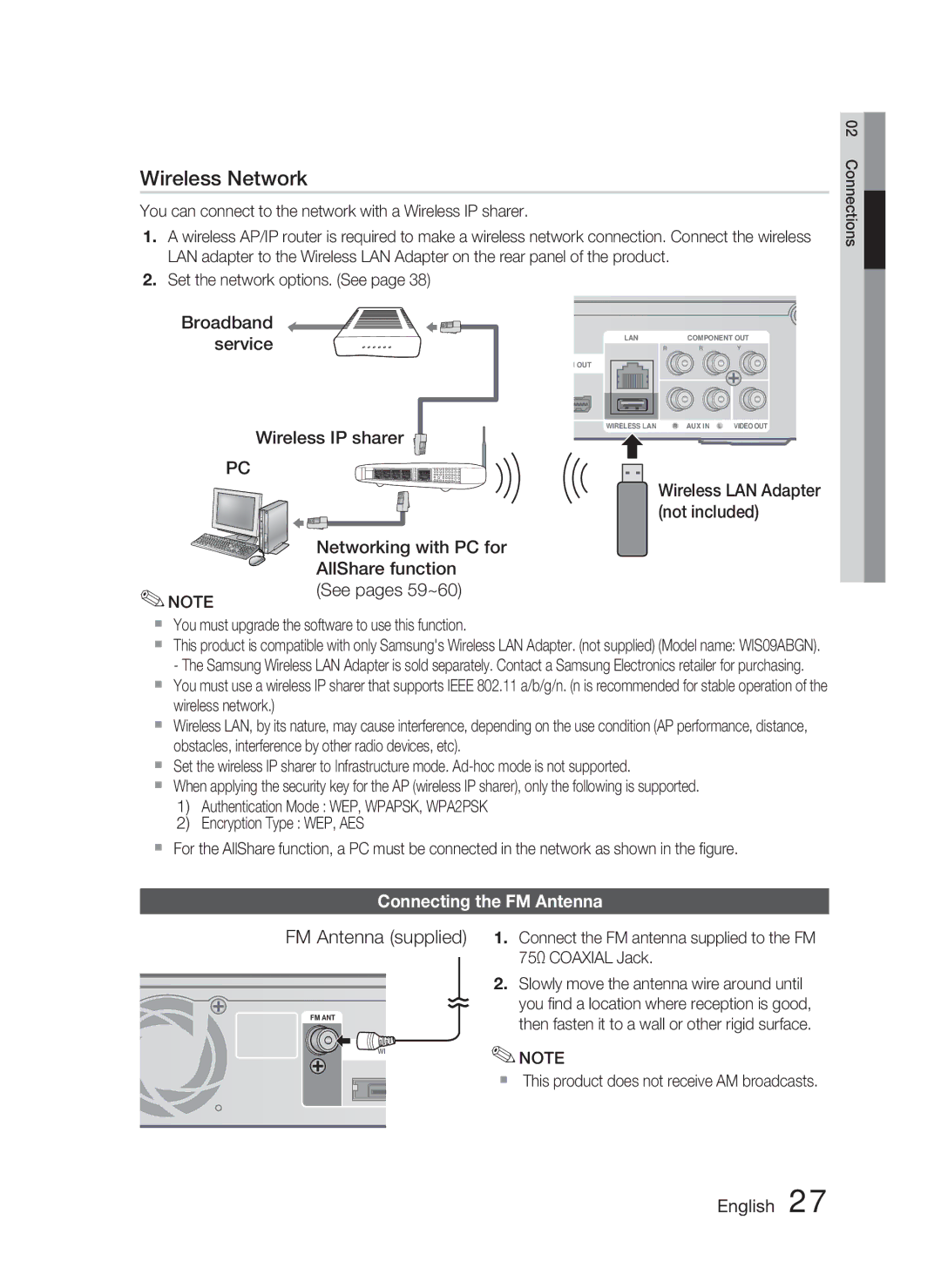 Samsung HT-C5550/XER manual FM Antenna supplied, Connecting the FM Antenna,  This product does not receive AM broadcasts 