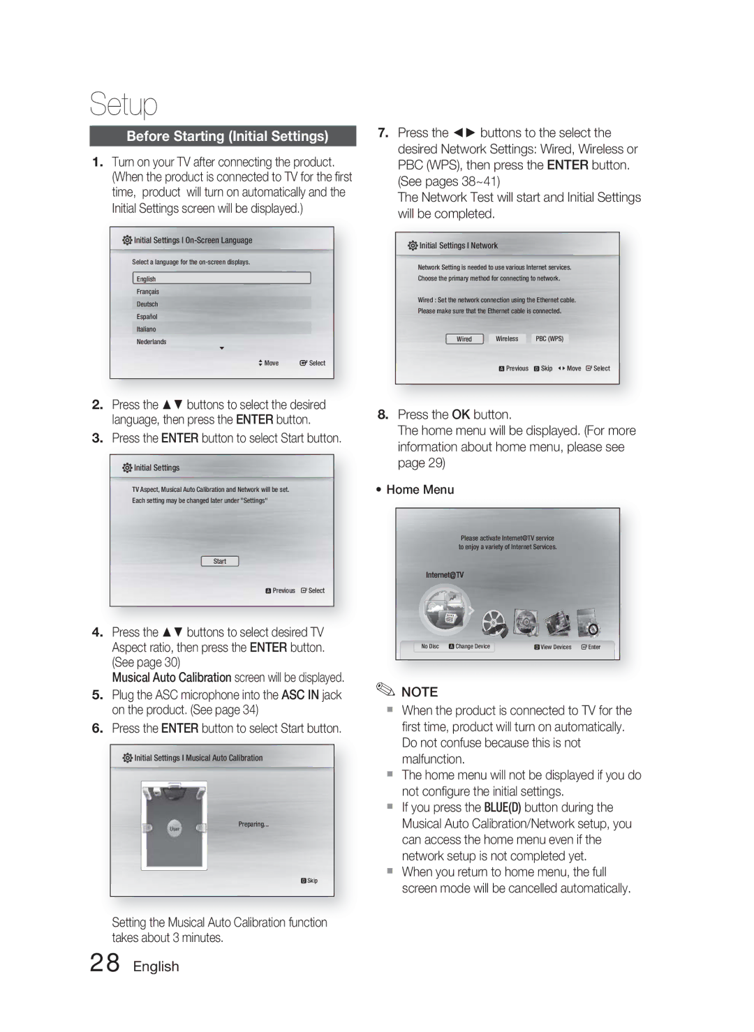 Samsung HT-C5550P/XER, HT-C5550/XER Setup, Before Starting Initial Settings, Press the Enter button to select Start button 