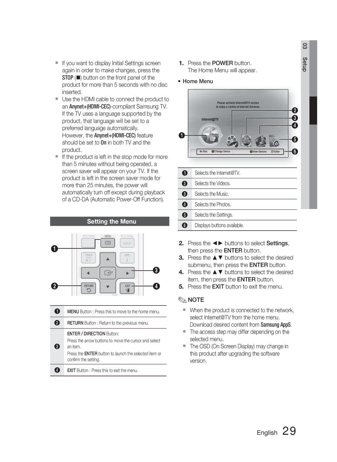 Samsung HT-C5500/XER, HT-C5550/XER, HT-C5550P/XER manual Setting the Menu 