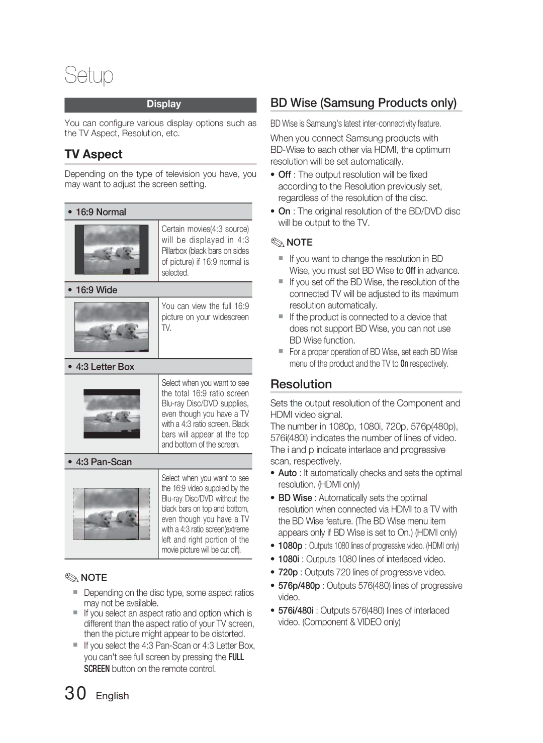 Samsung HT-C5550/XER, HT-C5550P/XER, HT-C5500/XER TV Aspect, BD Wise Samsung Products only, Resolution, Display, Pan-Scan 