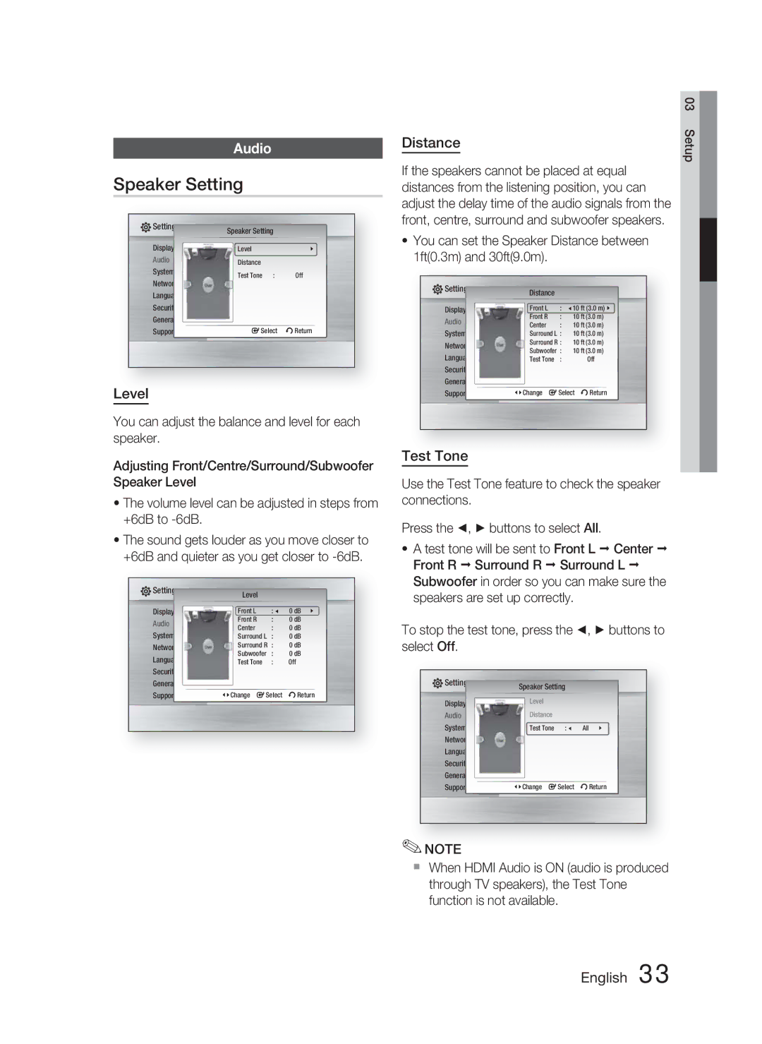 Samsung HT-C5550/XER, HT-C5550P/XER, HT-C5500/XER manual Speaker Setting, Audio, Level, Distance, Test Tone 