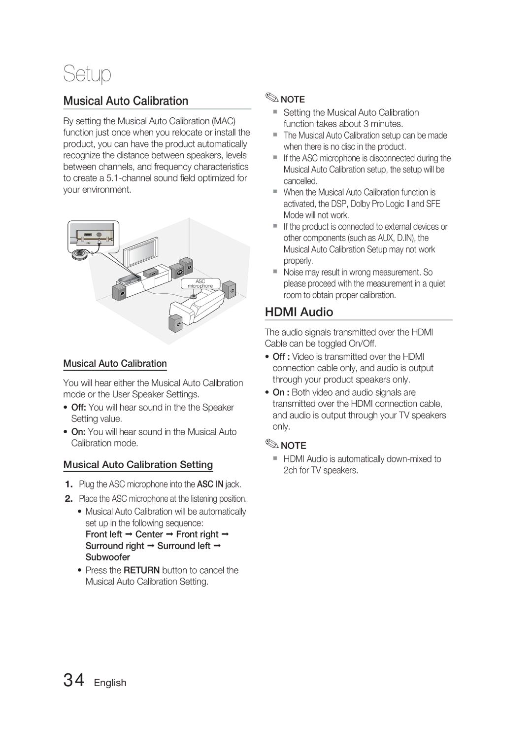 Samsung HT-C5550P/XER, HT-C5550/XER, HT-C5500/XER manual Hdmi Audio, Musical Auto Calibration Setting 