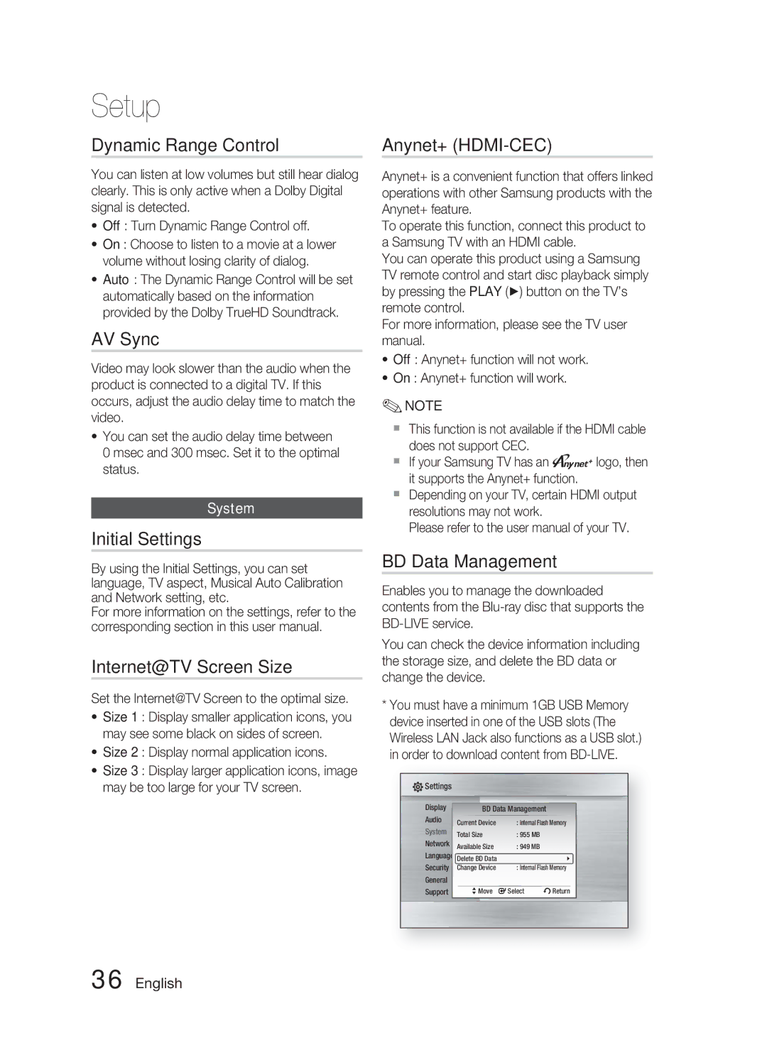 Samsung HT-C5550/XER manual Dynamic Range Control, AV Sync, Initial Settings, Internet@TV Screen Size, Anynet+ HDMI-CEC 