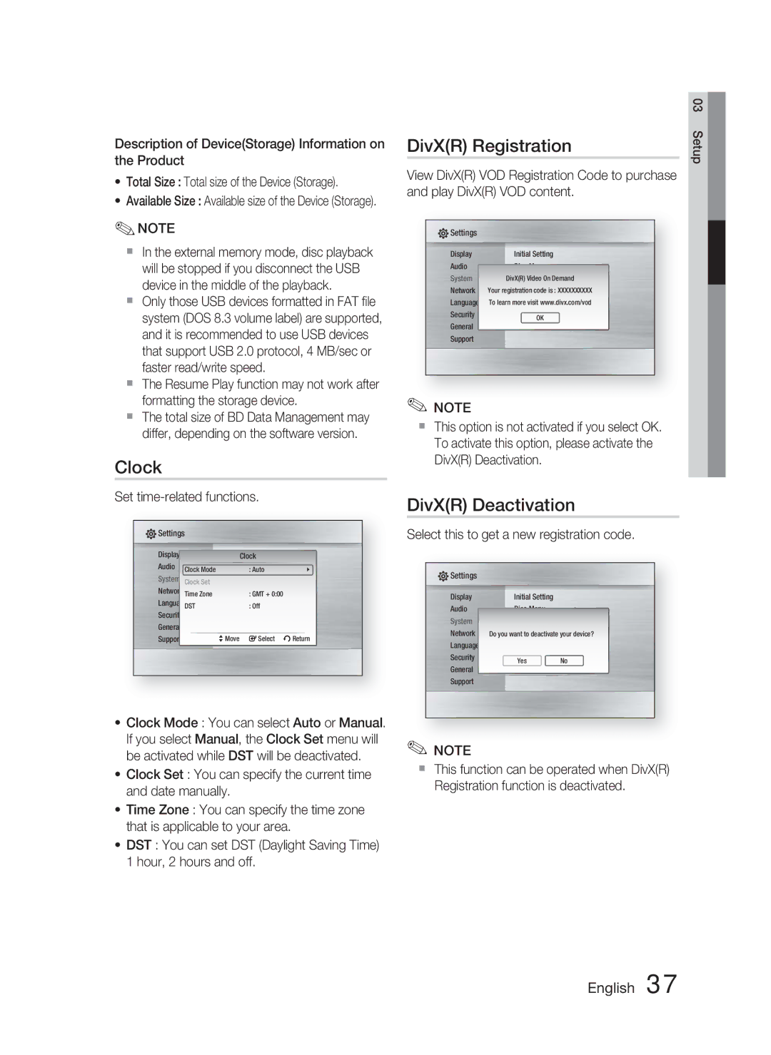 Samsung HT-C5550P/XER, HT-C5550/XER, HT-C5500/XER Clock, DivXR Registration, DivXR Deactivation, Set time-related functions 