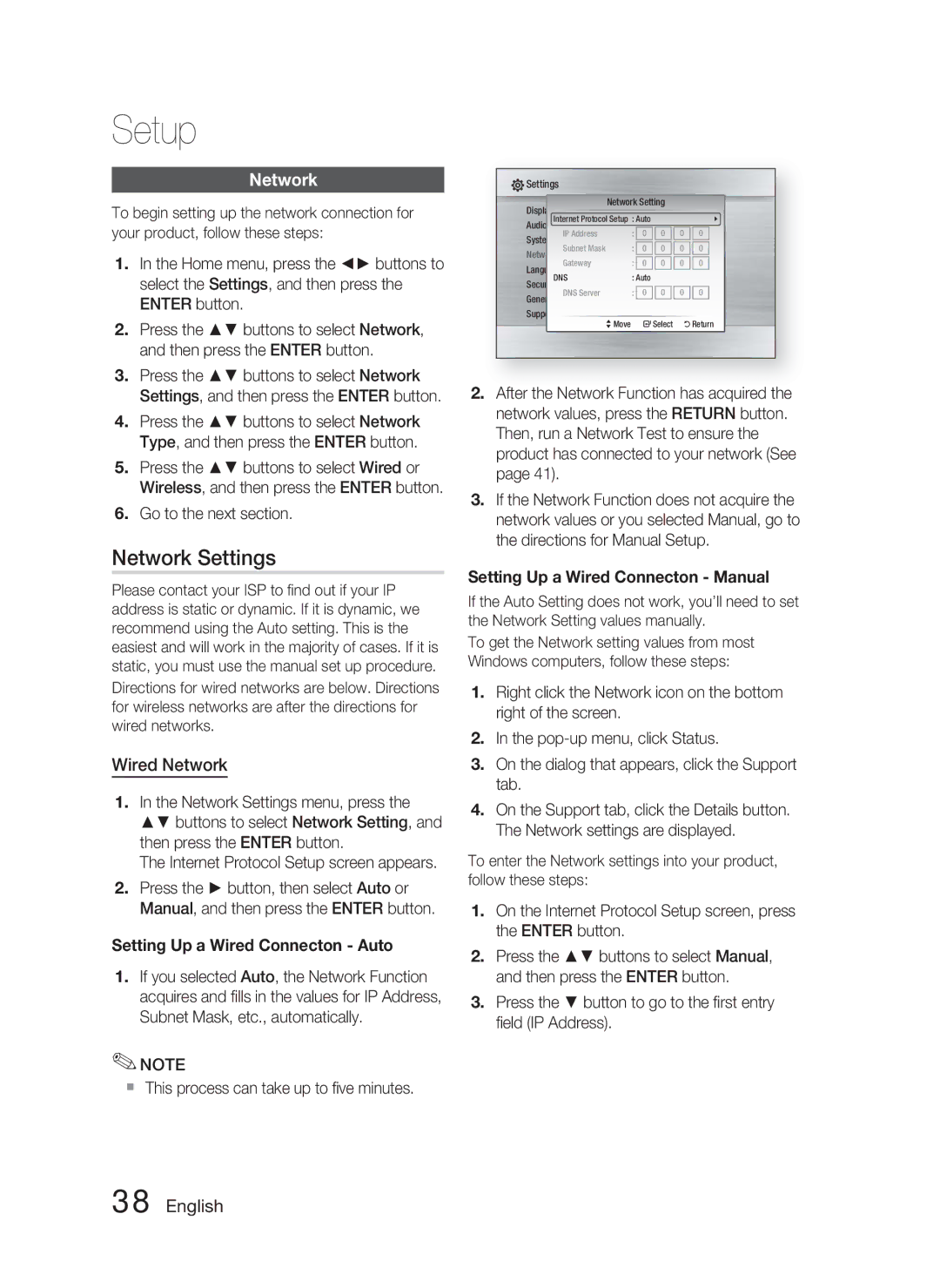 Samsung HT-C5500/XER, HT-C5550/XER, HT-C5550P/XER manual Network Settings, Wired Network, Setting Up a Wired Connecton Auto 