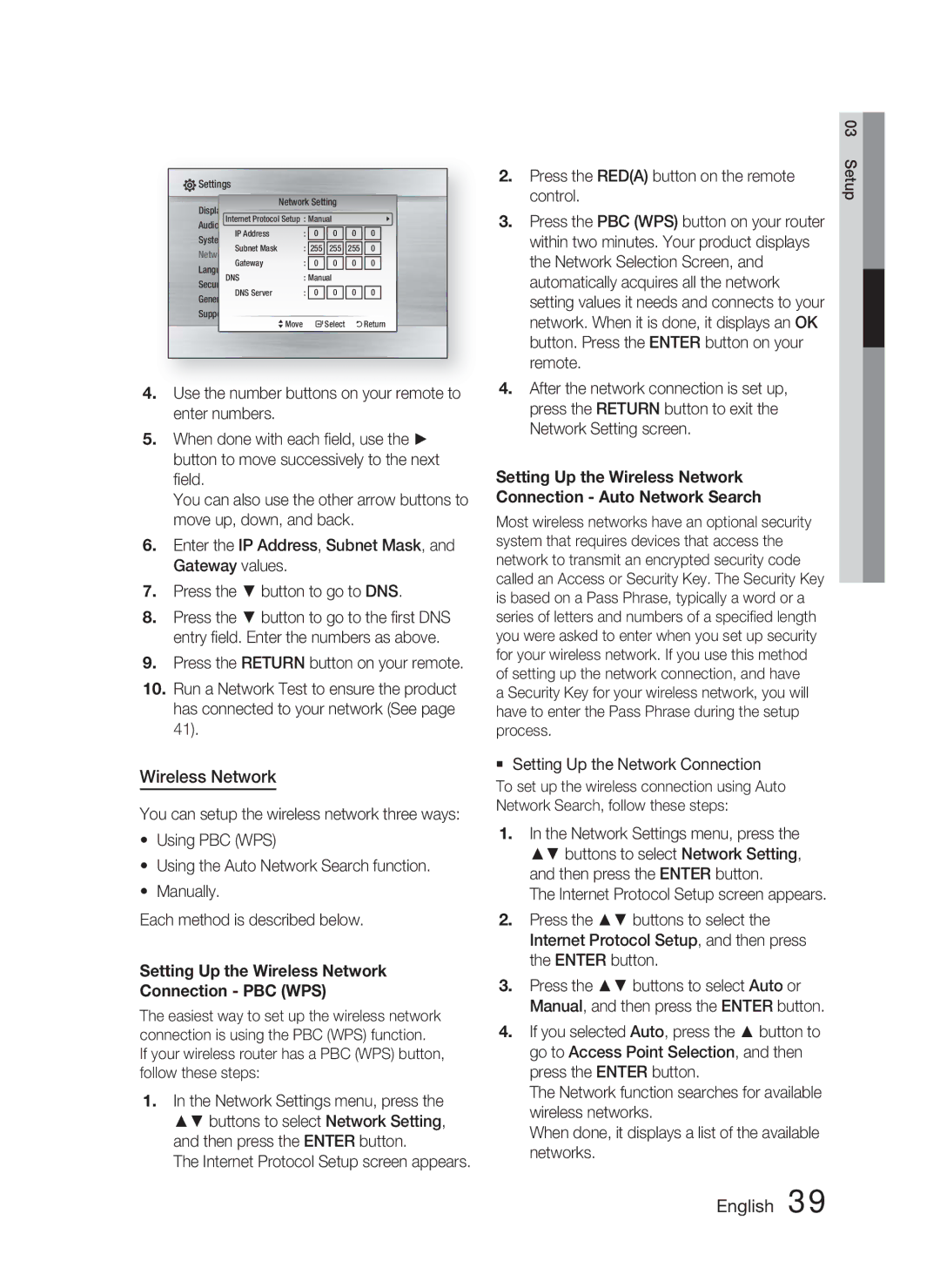 Samsung HT-C5550/XER, HT-C5550P/XER, HT-C5500/XER manual Setting Up the Wireless Network Connection PBC WPS 