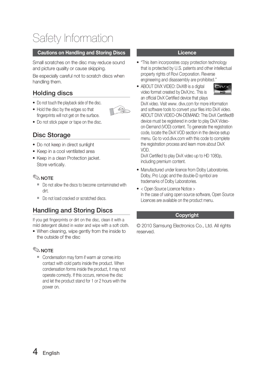 Samsung HT-C5550P/XER, HT-C5550/XER manual Holding discs, Disc Storage, Handling and Storing Discs, Licence, Copyright 