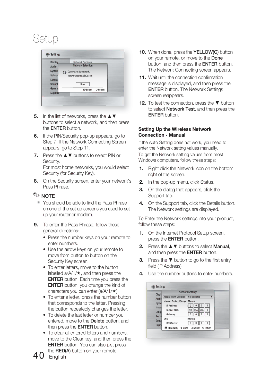 Samsung HT-C5550P/XER, HT-C5550/XER, HT-C5500/XER manual Setting Up the Wireless Network Connection Manual 