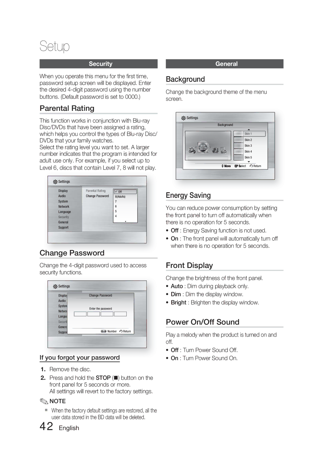 Samsung HT-C5550/XER manual Parental Rating, Change Password, Background, Energy Saving, Front Display, Power On/Off Sound 