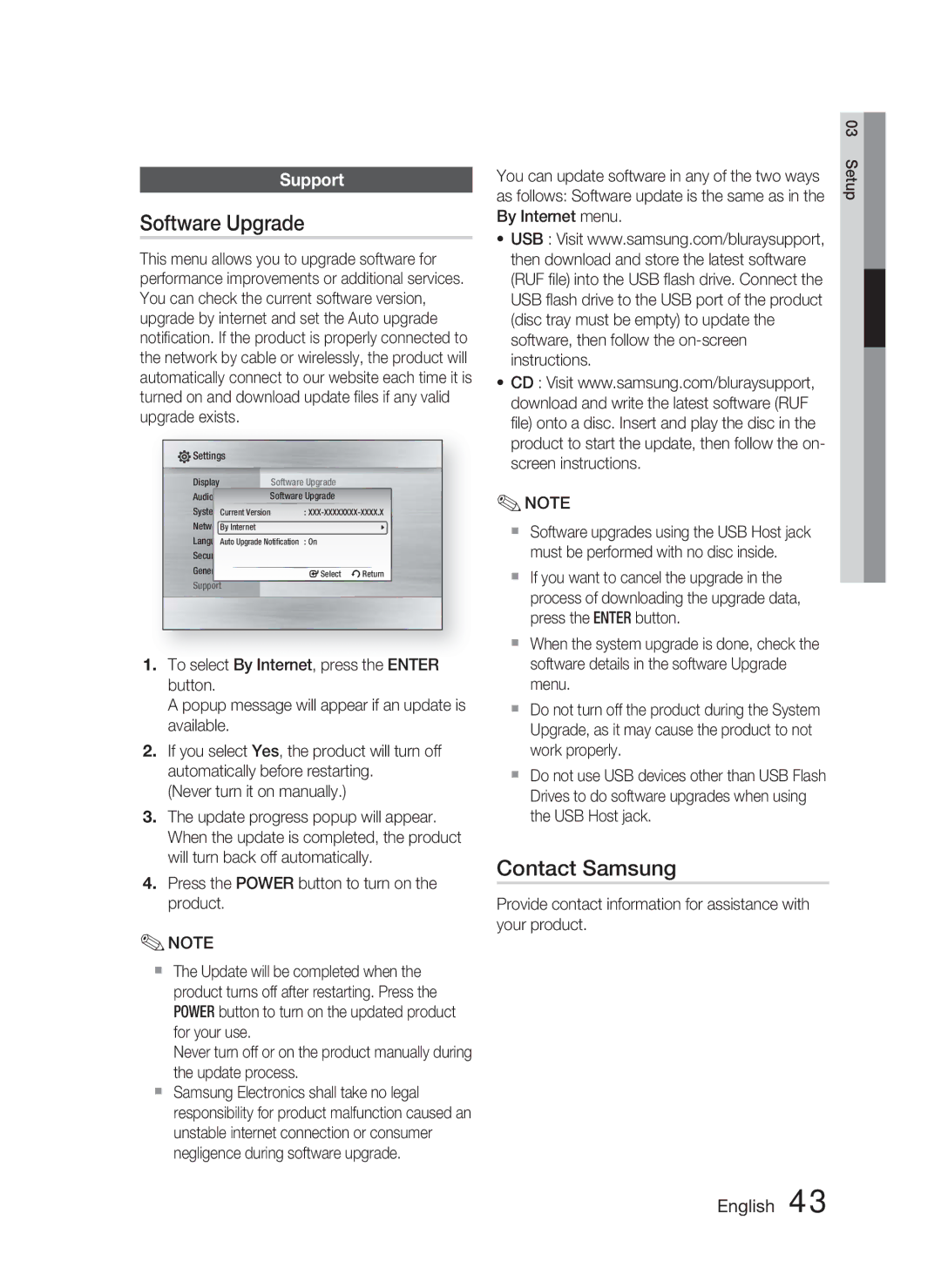 Samsung HT-C5550P/XER, HT-C5550/XER, HT-C5500/XER manual Software Upgrade, Contact Samsung, Support 