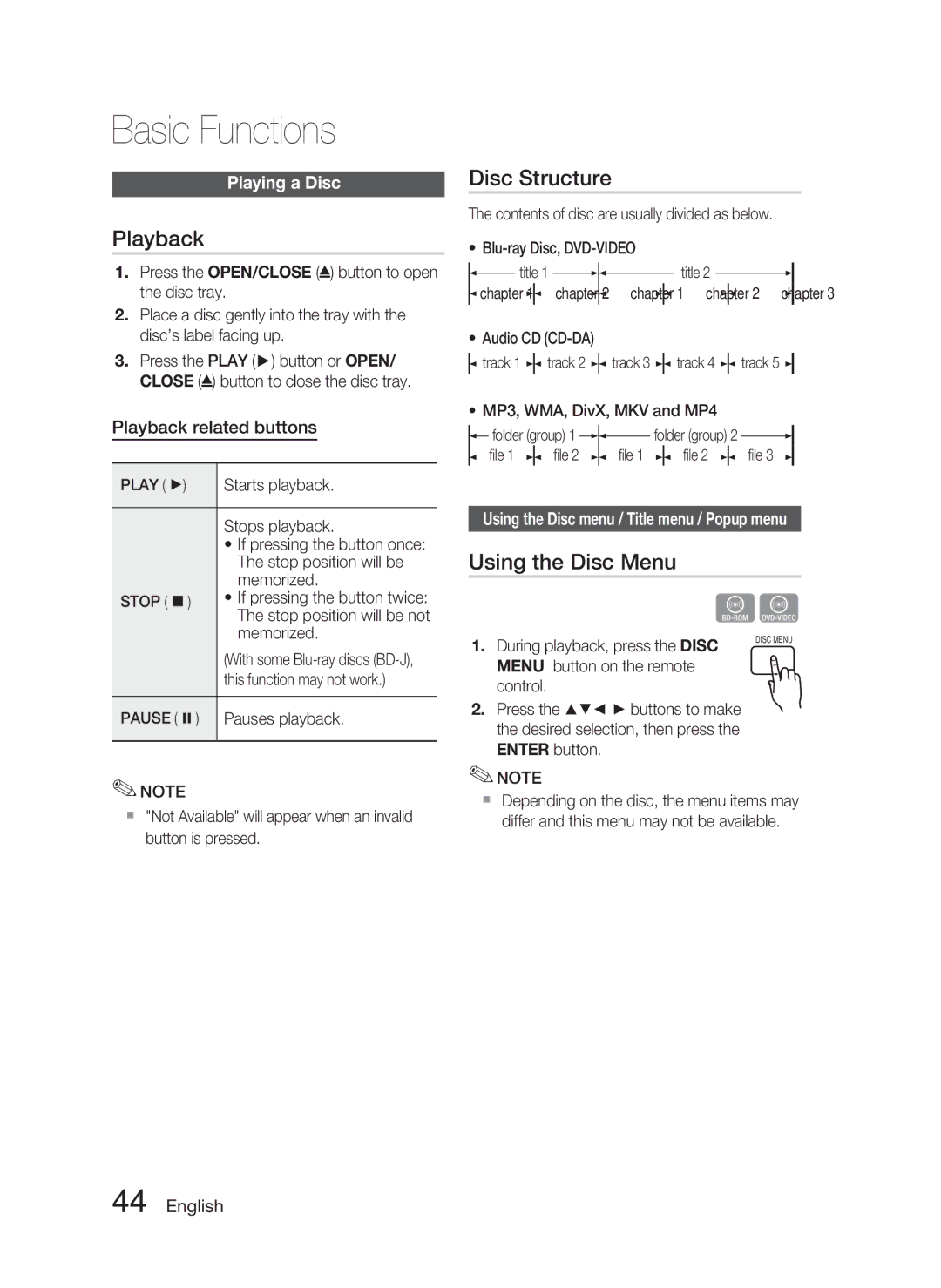 Samsung HT-C5500/XER, HT-C5550/XER, HT-C5550P/XER manual Basic Functions, Playback, Disc Structure, Using the Disc Menu 