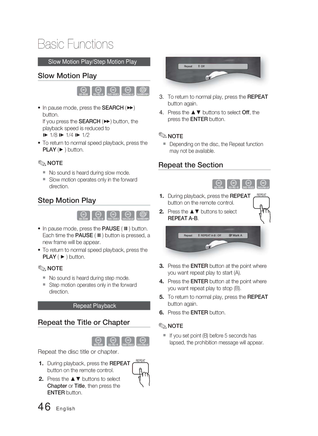 Samsung HT-C5550P/XER, HT-C5550/XER Slow Motion Play, Step Motion Play, Repeat the Title or Chapter, Repeat the Section 