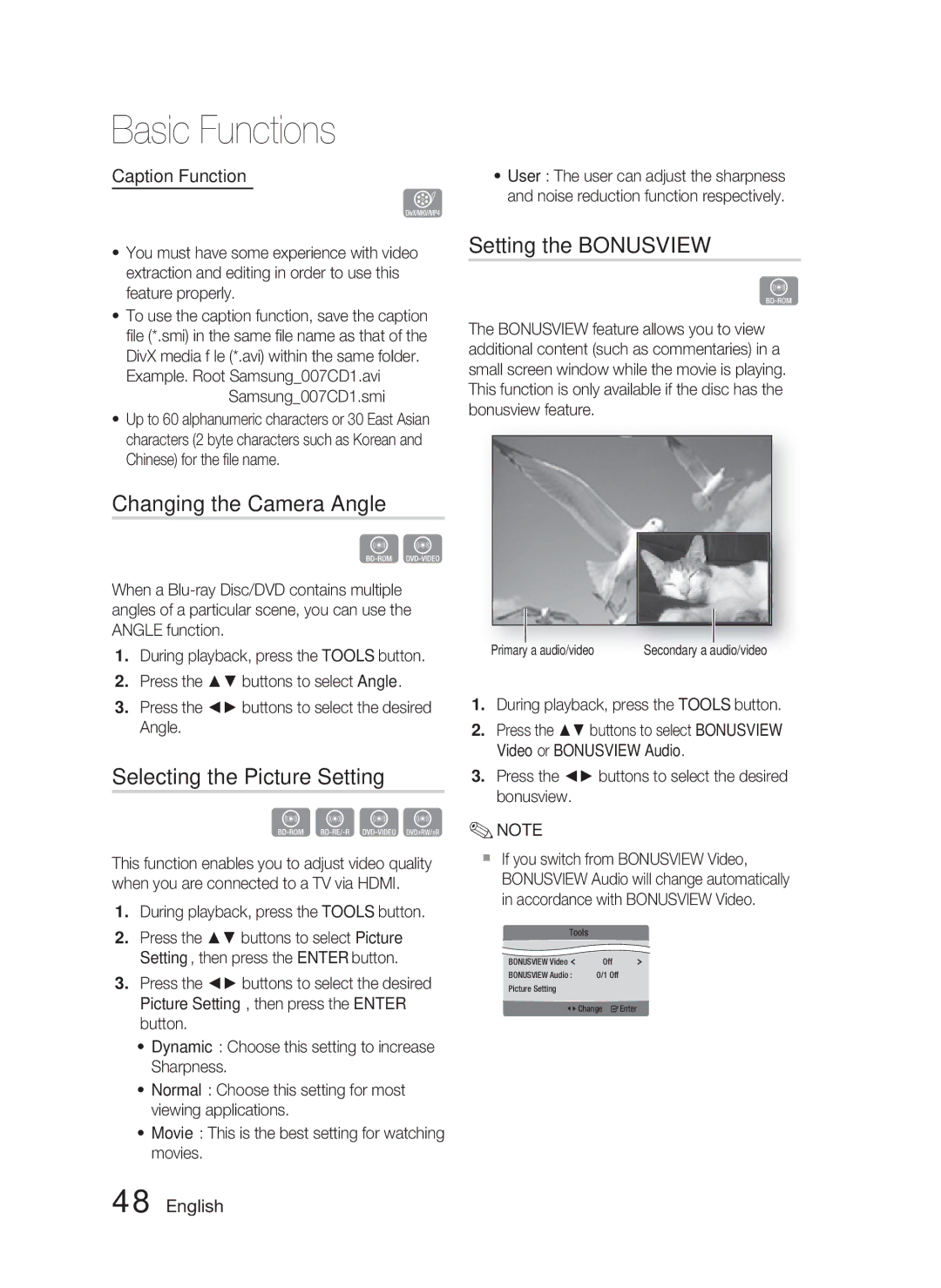 Samsung HT-C5550/XER Changing the Camera Angle, Selecting the Picture Setting, Setting the Bonusview, Caption Function 