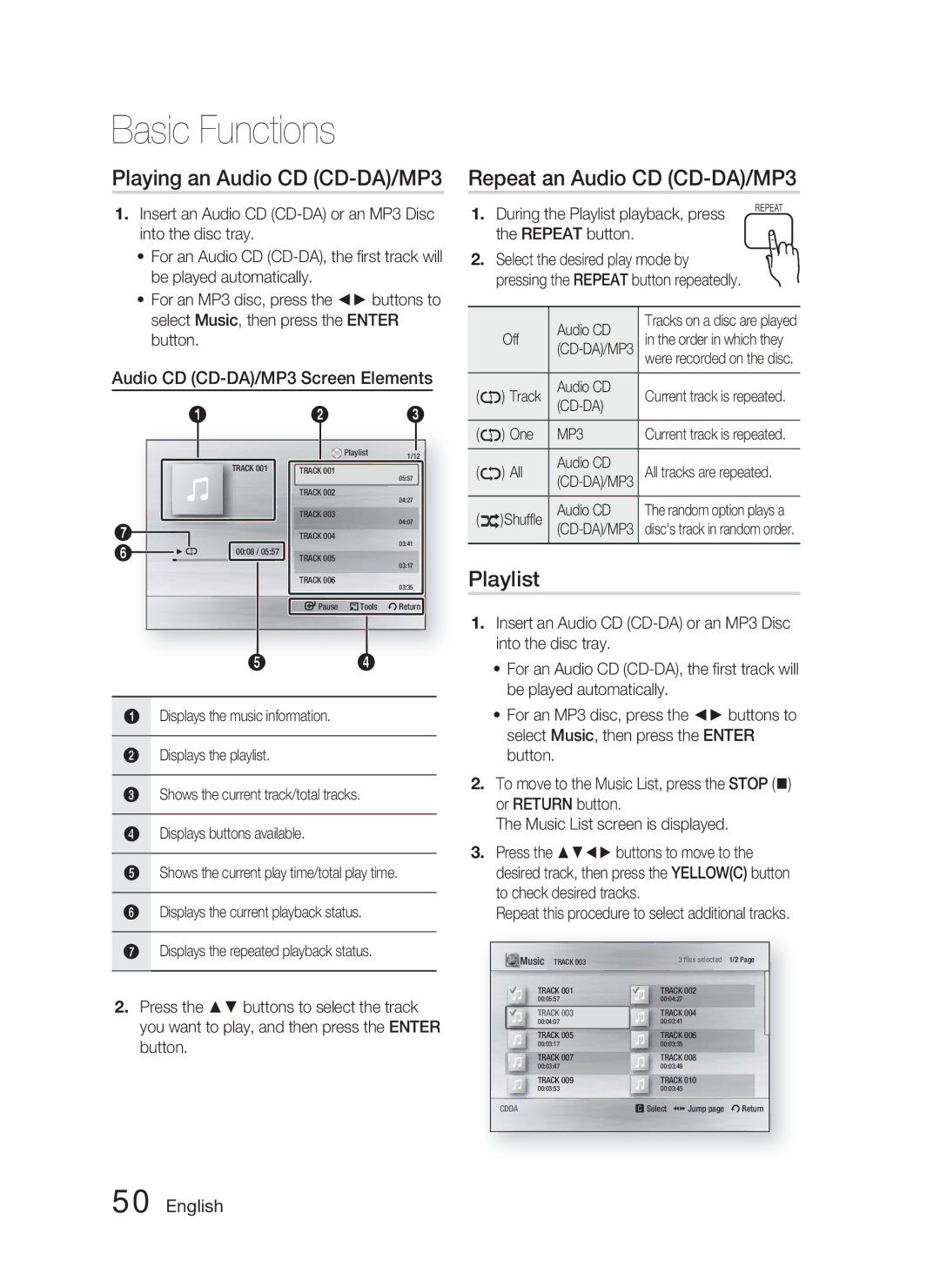 Samsung HT-C5500/XER, HT-C5550/XER, HT-C5550P/XER Playing an Audio CD CD-DA/MP3, Repeat an Audio CD CD-DA/MP3, Playlist 