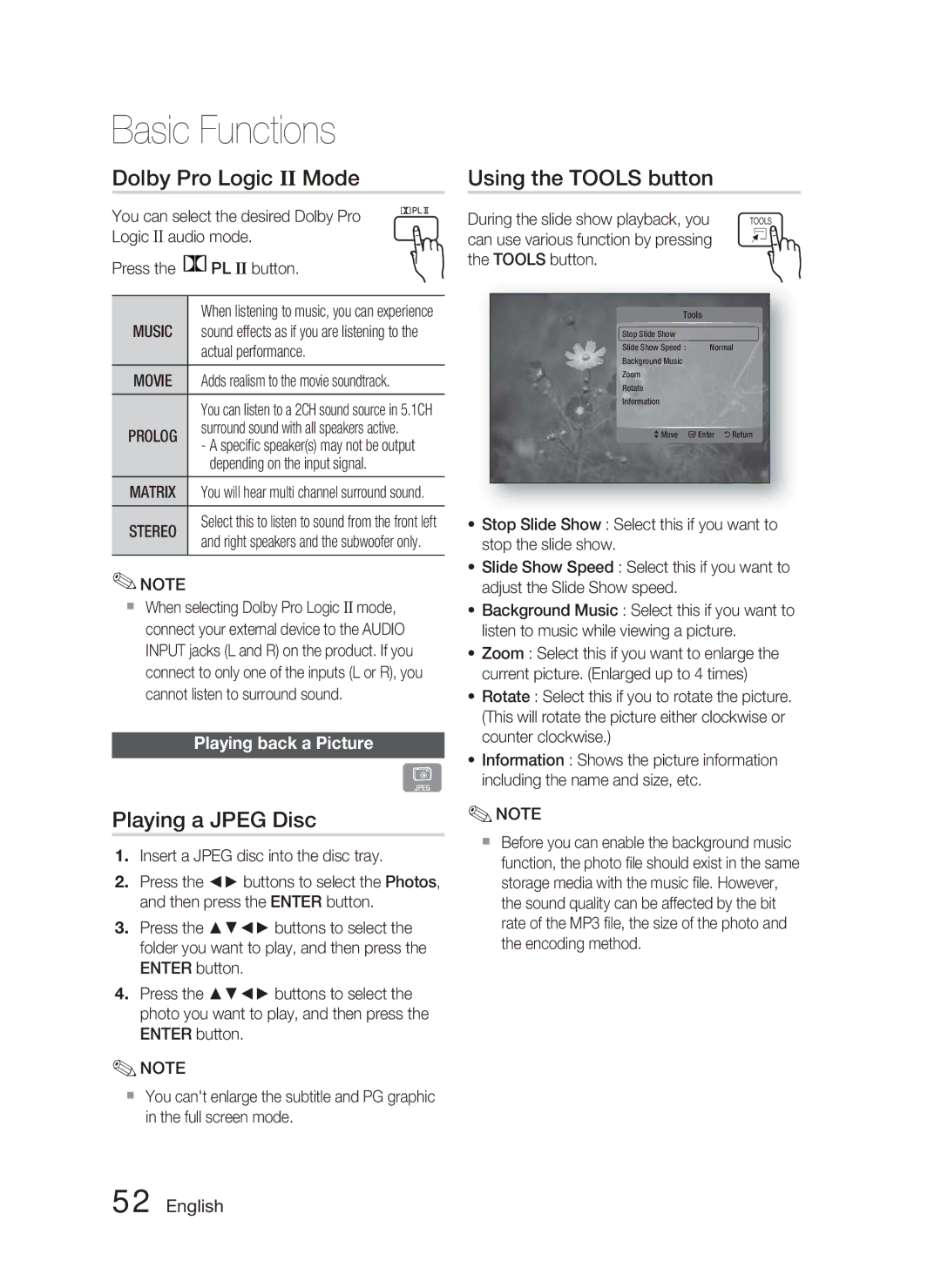 Samsung HT-C5550P/XER Dolby Pro Logic II Mode, Playing a Jpeg Disc, Using the Tools button, Playing back a Picture, Music 