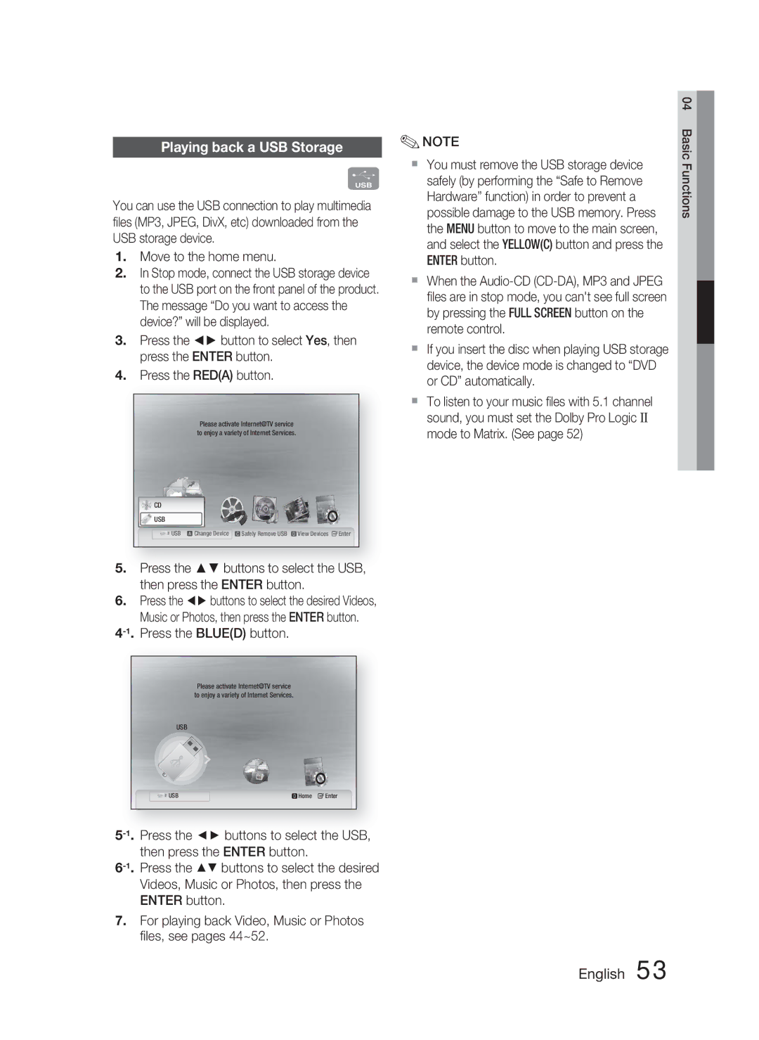 Samsung HT-C5500/XER, HT-C5550/XER manual Playing back a USB Storage, Press the buttons to select the desired Videos 