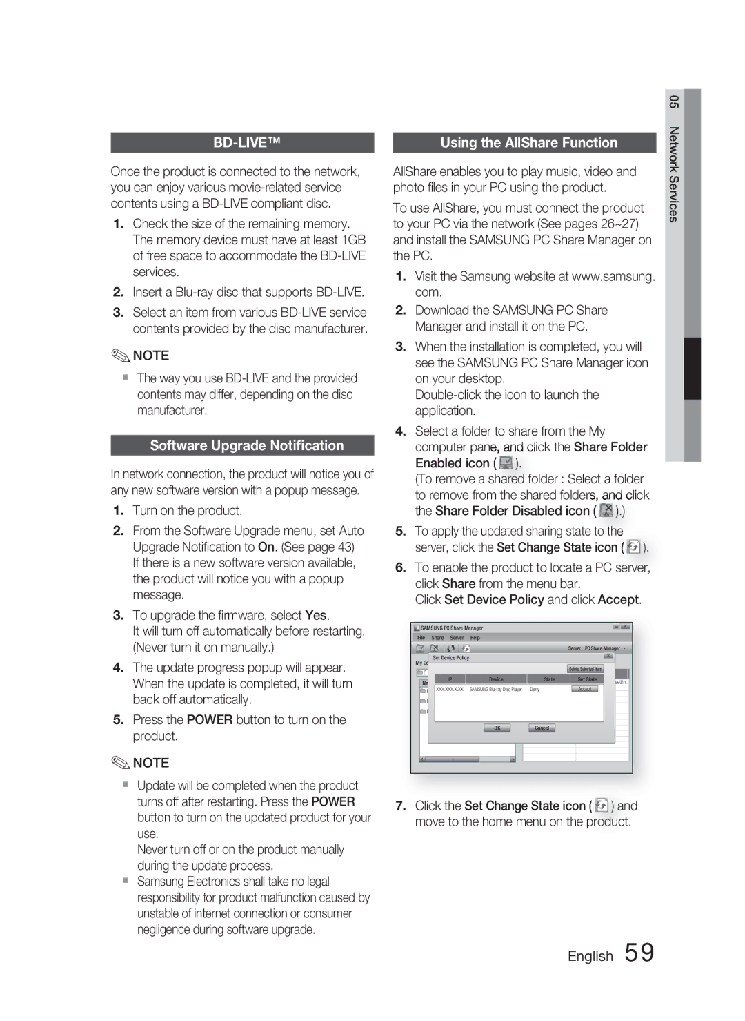 Samsung HT-C5500/XER, HT-C5550/XER manual Software Upgrade Notiﬁcation, Using the AllShare Function, Network Services 