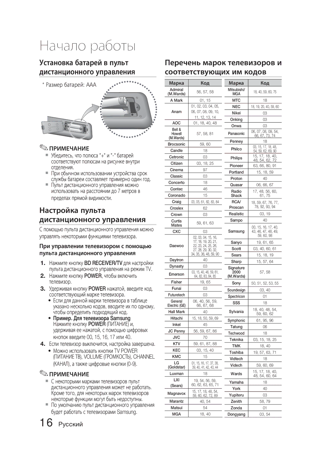 Samsung HT-C5500/XER Перечень марок телевизоров и соответствующих им кодов, Настройка пульта дистанционного управления 