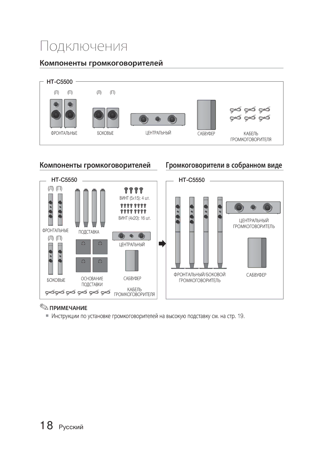 Samsung HT-C5550P/XER manual Компоненты громкоговорителей, Громкоговорители в собранном виде, Винт 5X15 4 ШТ, Винт 4X20 