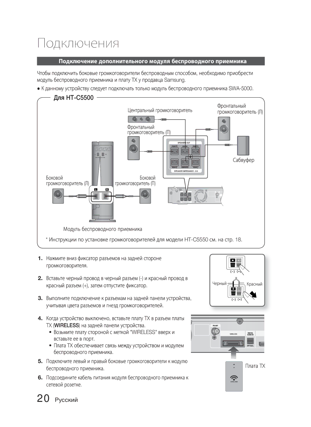 Samsung HT-C5550/XER Подключение дополнительного модуля беспроводного приемника, Центральный громкоговоритель Фронтальный 