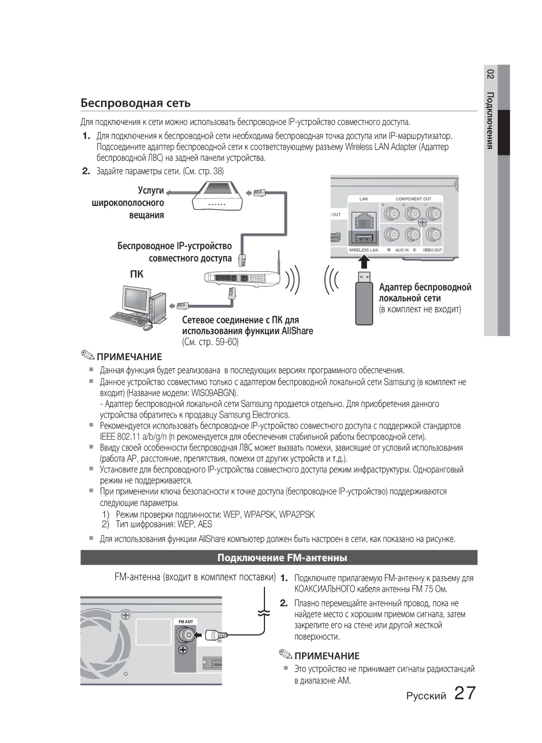 Samsung HT-C5550P/XER, HT-C5550/XER, HT-C5500/XER manual FM-антенна входит в комплект поставки, Подключение FM-антенны 