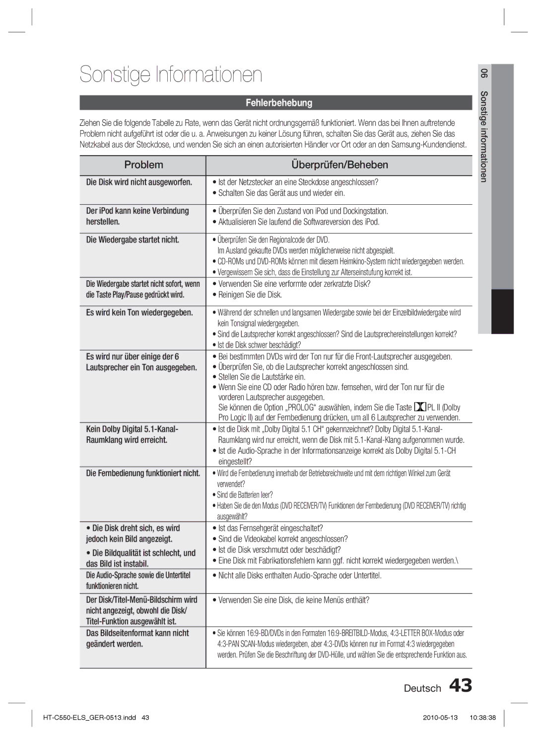 Samsung HT-C555/XEF, HT-C555/EDC, HT-C550/XEN manual Sonstige Informationen, Problem Überprüfen/Beheben, Fehlerbehebung 