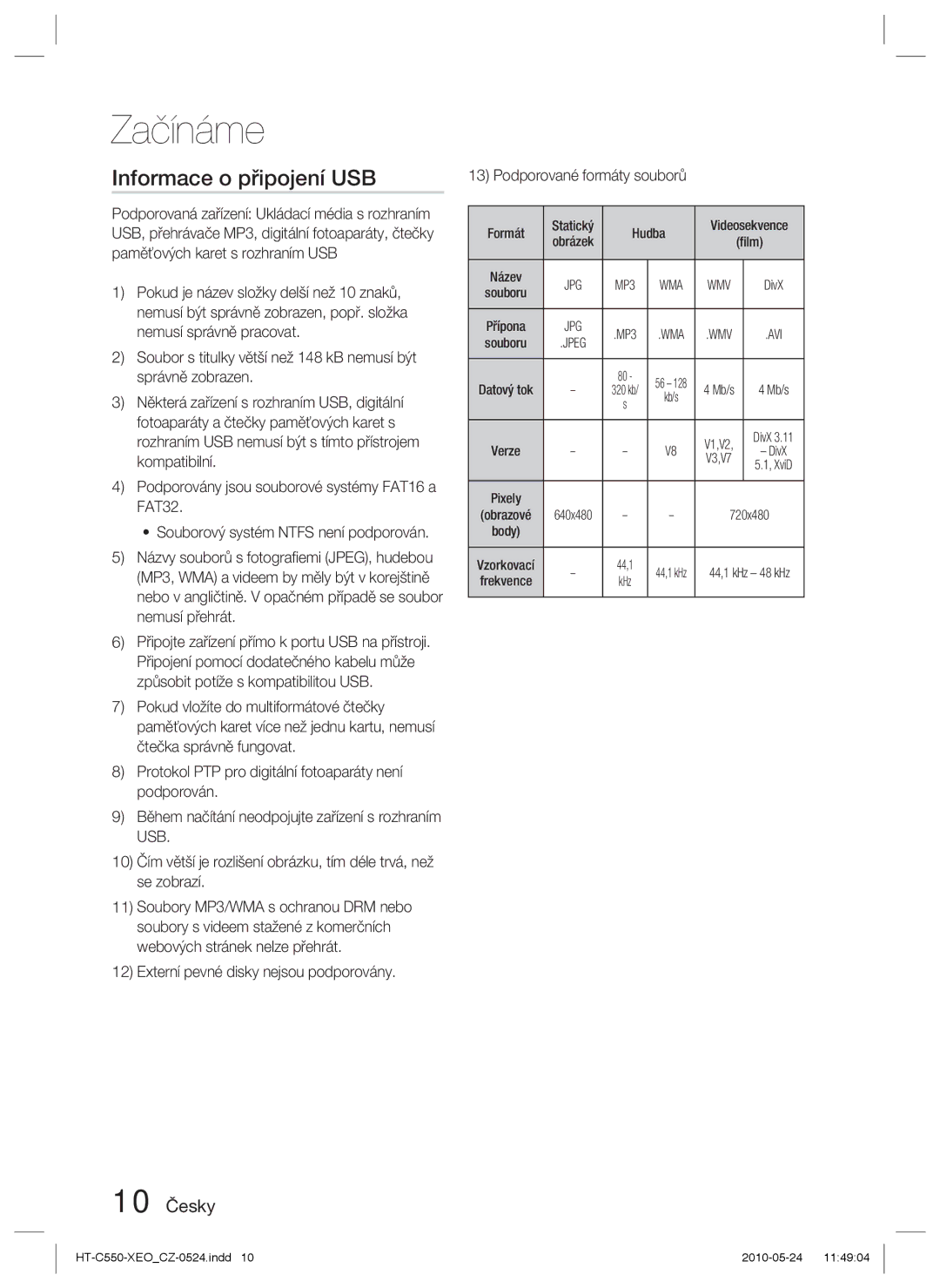 Samsung HT-C555/XEF, HT-C555/EDC, HT-C553/XEF, HT-C550/XEF manual Informace o připojení USB, 10 Česky 