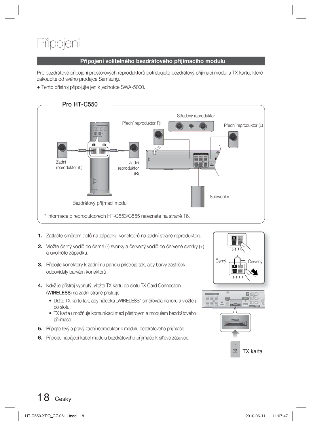 Samsung HT-C555/XEF, HT-C555/EDC, HT-C553/XEF manual Připojení volitelného bezdrátového přijímacího modulu, TX karta 18 Česky 