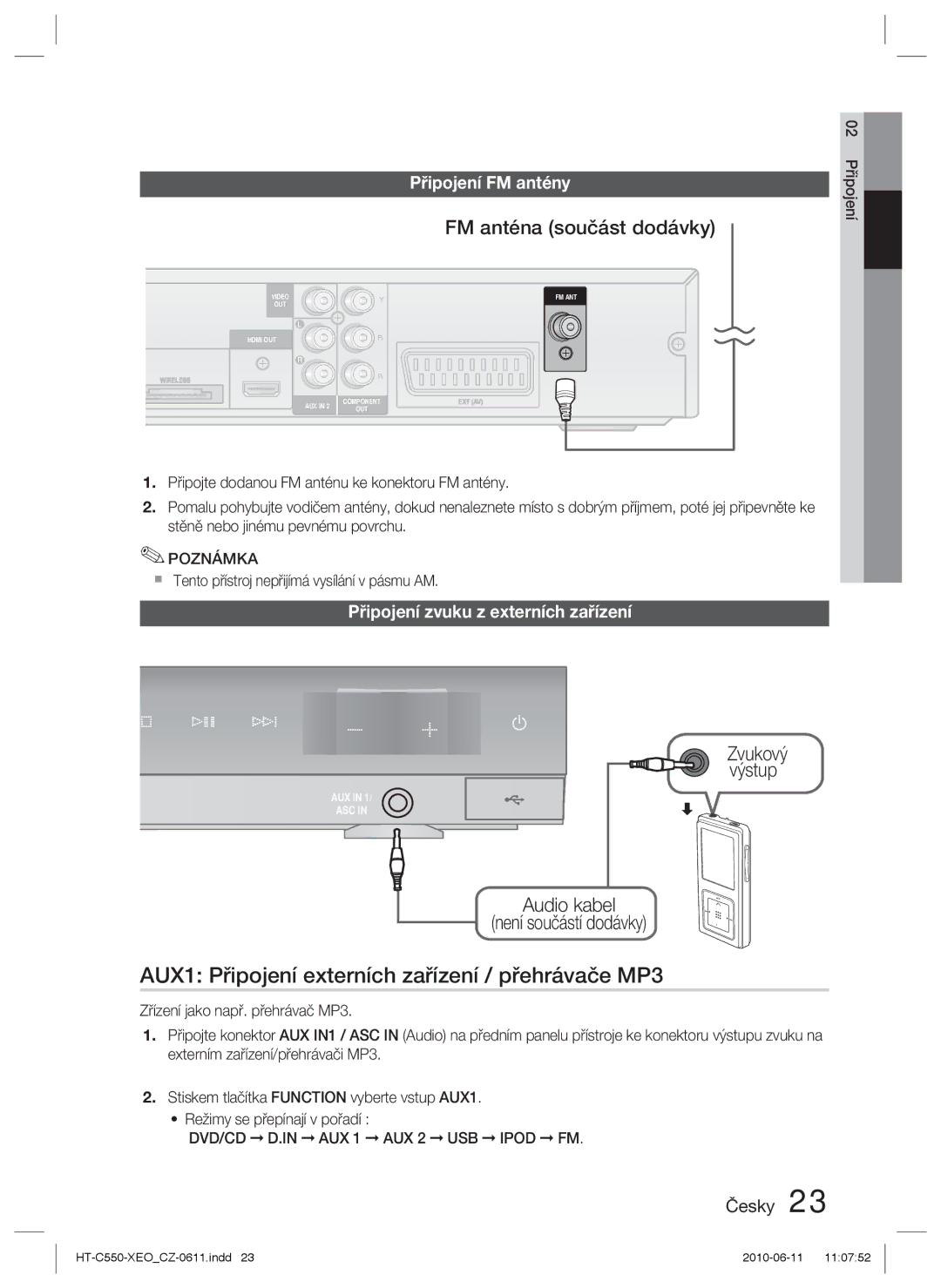 Samsung HT-C550/XEF AUX1 Připojení externích zařízení / přehrávače MP3, FM anténa součást dodávky, Připojení FM antény 