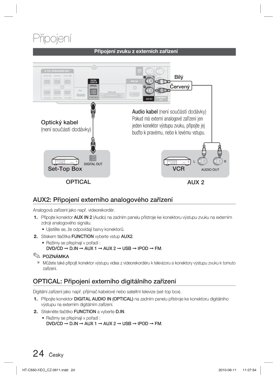 Samsung HT-C555/EDC manual AUX2 Připojení externího analogového zařízení, Optical Připojení externího digitálního zařízení 