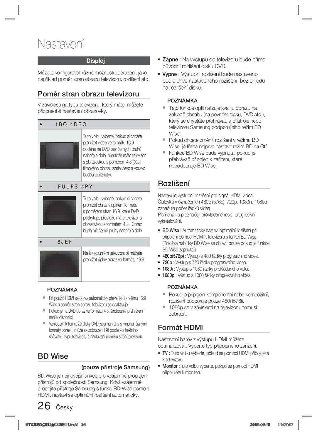 Samsung HT-C555/XEF, HT-C555/EDC, HT-C553/XEF manual Poměr stran obrazu televizoru, BD Wise, Rozlišení, Formát Hdmi, Displej 