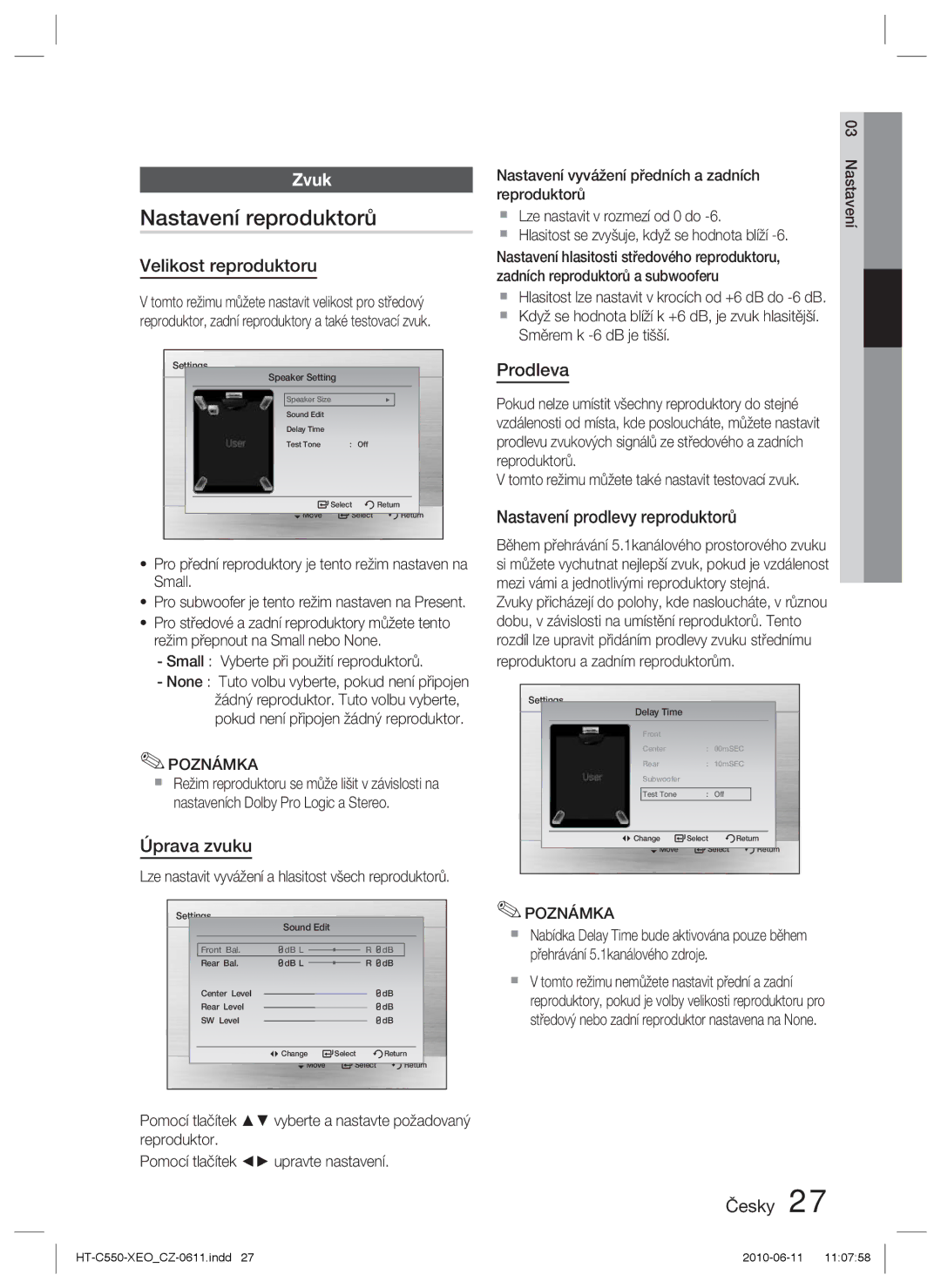 Samsung HT-C550/XEF, HT-C555/EDC, HT-C553/XEF, HT-C555/XEF manual Nastavení reproduktorů, Zvuk 