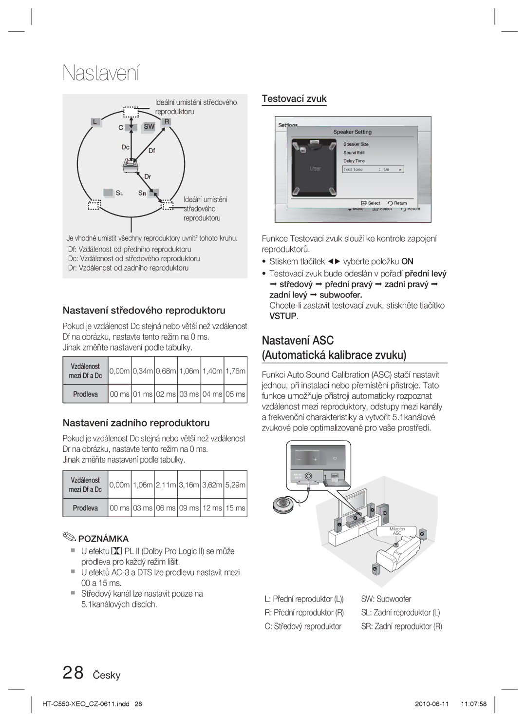 Samsung HT-C555/EDC, HT-C553/XEF, HT-C555/XEF, HT-C550/XEF manual Nastavení ASC, Automatická kalibrace zvuku 