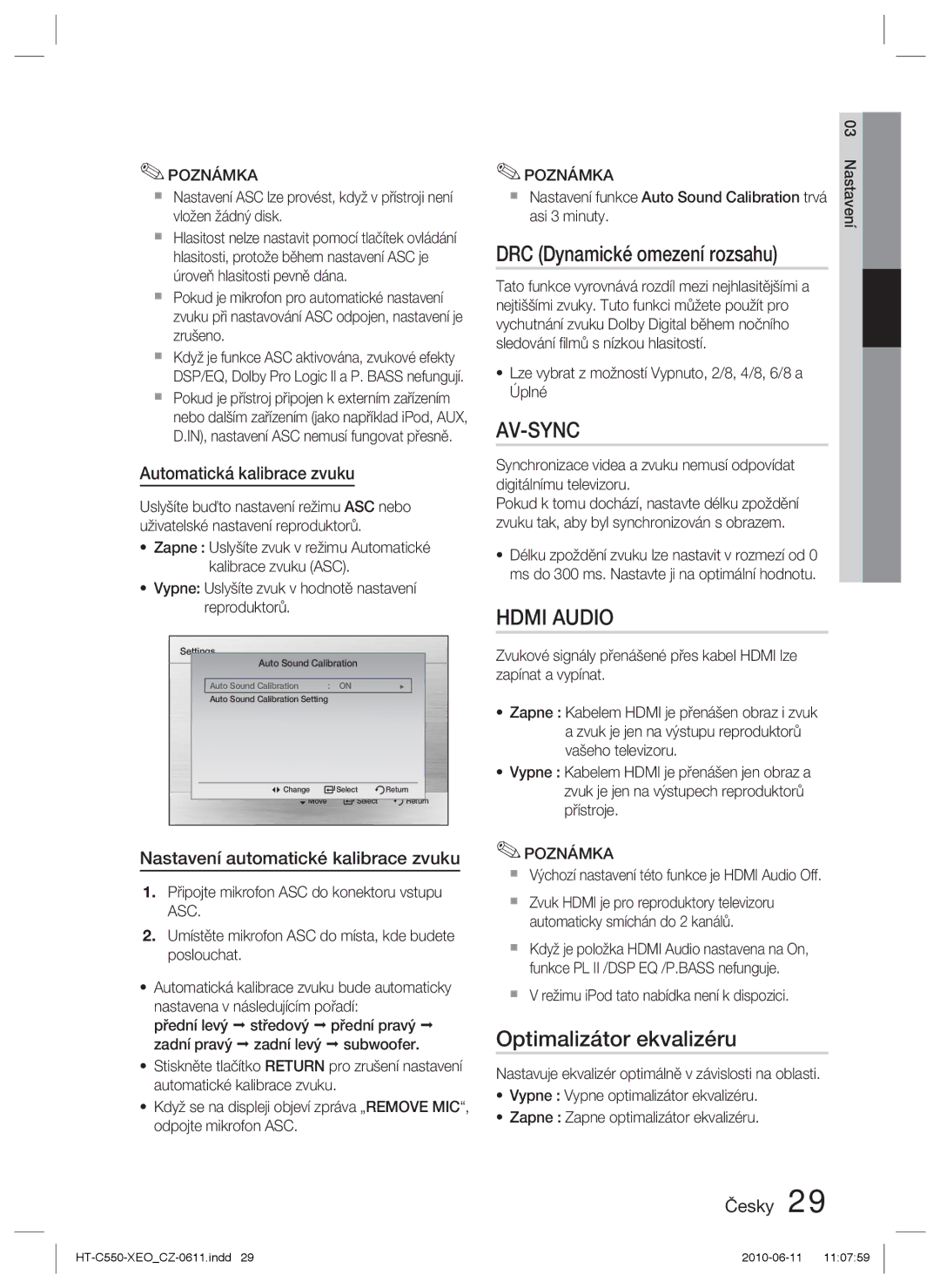 Samsung HT-C553/XEF, HT-C555/EDC manual DRC Dynamické omezení rozsahu, Optimalizátor ekvalizéru, Automatická kalibrace zvuku 