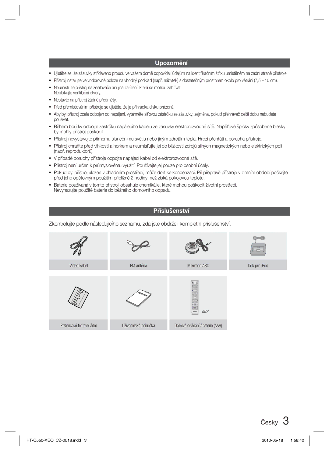 Samsung HT-C550/XEF, HT-C555/EDC, HT-C553/XEF, HT-C555/XEF manual Upozornění, Příslušenství 