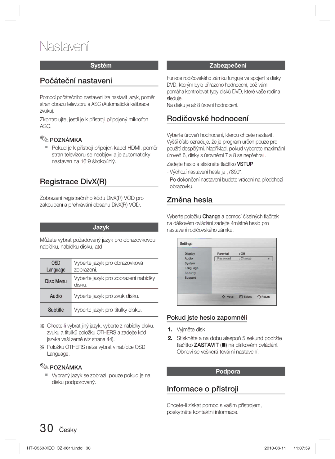 Samsung HT-C555/XEF manual Počáteční nastavení, Registrace DivXR, Rodičovské hodnocení, Změna hesla, Informace o přístroji 