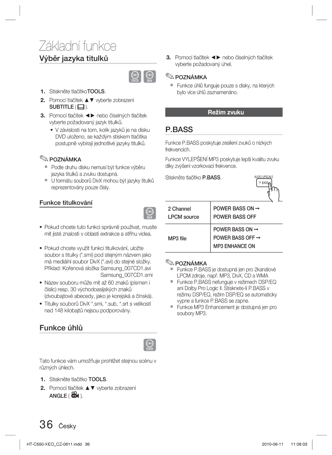 Samsung HT-C555/EDC, HT-C553/XEF, HT-C555/XEF Výběr jazyka titulků, Funkce úhlů, Funkce titulkování, Režim zvuku, 36 Česky 