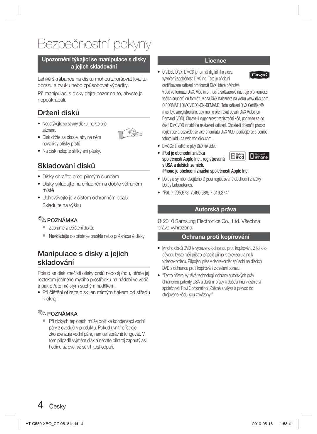 Samsung HT-C555/EDC, HT-C553/XEF, HT-C555/XEF manual Držení disků, Skladování disků, Manipulace s disky a jejich skladování 