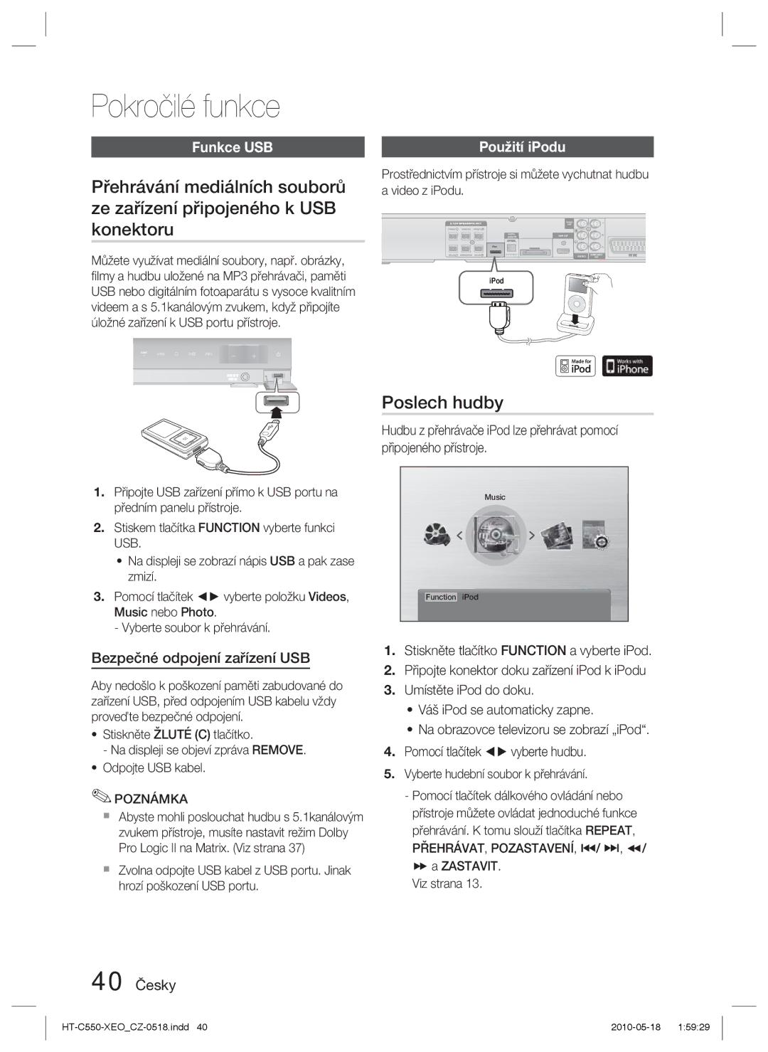 Samsung HT-C555/EDC, HT-C553/XEF, HT-C555/XEF, HT-C550/XEF manual Pokročilé funkce, Poslech hudby, Funkce USB, Použití iPodu 