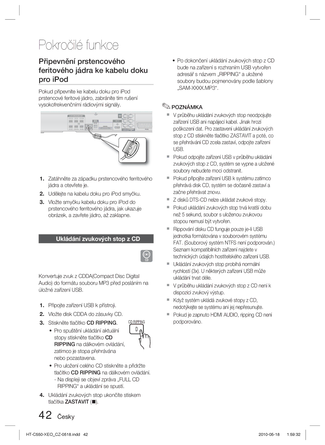 Samsung HT-C555/XEF, HT-C555/EDC, HT-C553/XEF, HT-C550/XEF manual Ukládání zvukových stop z CD, 42 Česky 