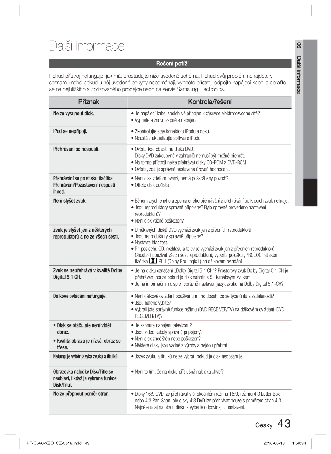 Samsung HT-C550/XEF, HT-C555/EDC, HT-C553/XEF manual Další informace, Příznak Kontrola/řešení, Řešení potíží, Receiver/Tv? 